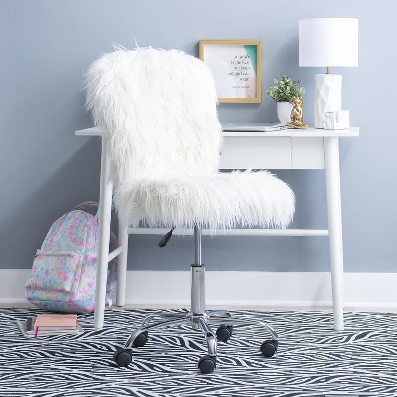 Linon كرسي مكتب بدون ذراعين من لينون كورا بفرو صناعي، أبيض - Image 4